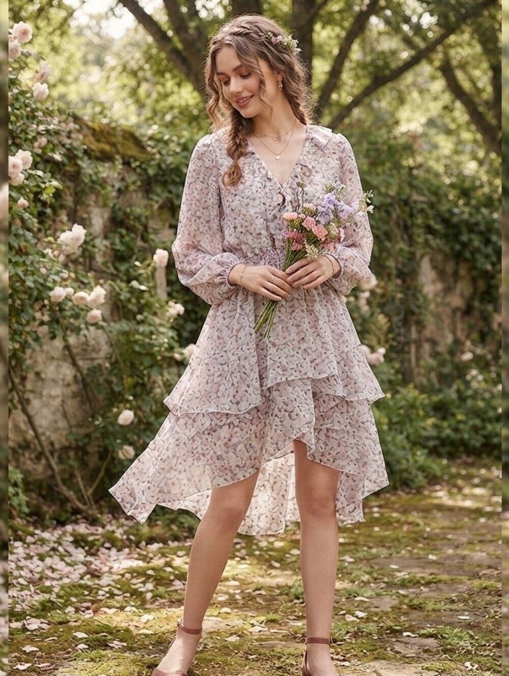 Storia Dreamy Floral Ruffle High-Low Dress - Summer Brunch Aesthetic Size M 💐👗